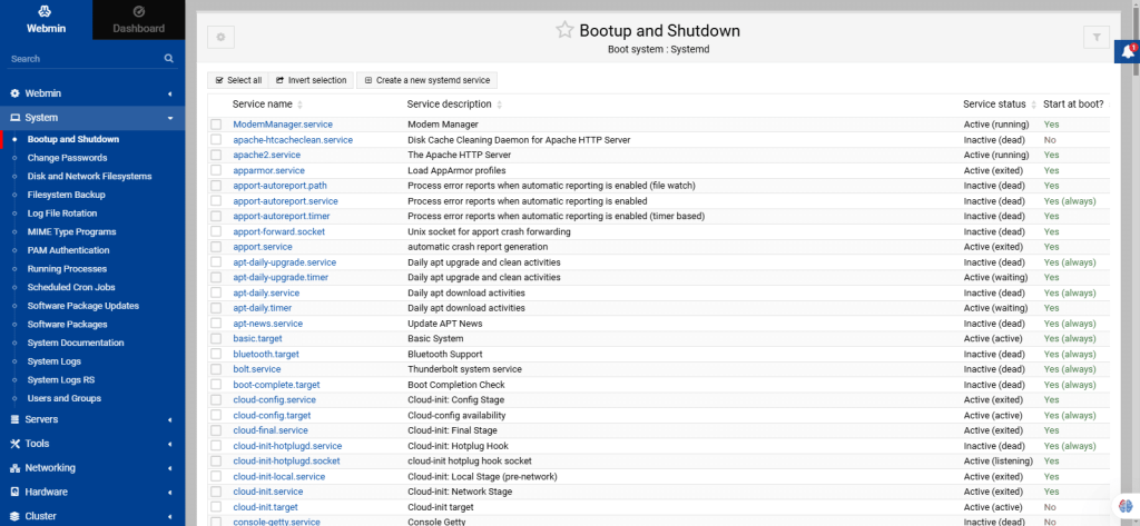 Webmin server management