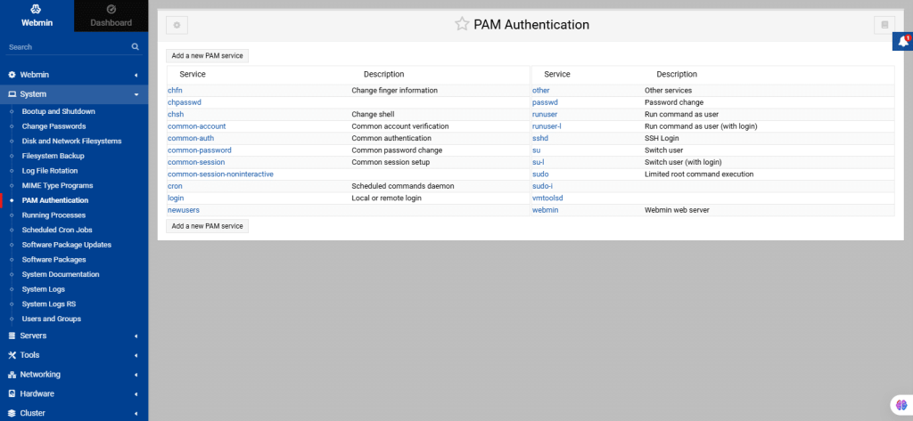 Webmin server management