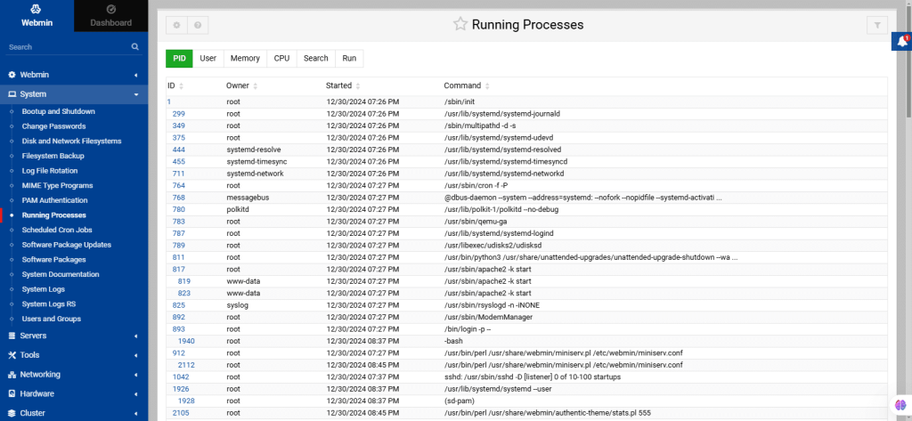 Webmin server management